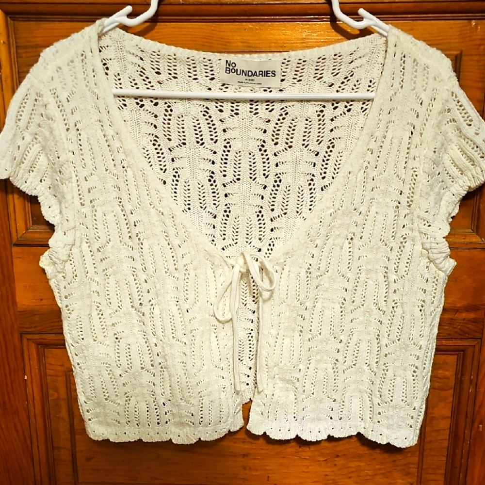 Nobo Cream Crochet Cropped Tie Mini Cardi Vesty
